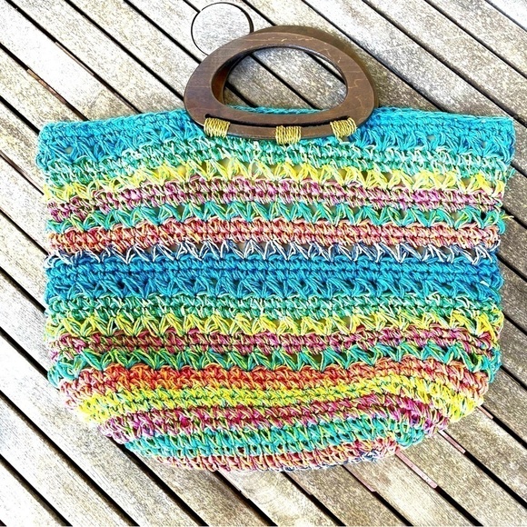 Chico's Straw Woven Multicolor Beach Tote Purse Lined Wood Handles - Picture 1 of 11